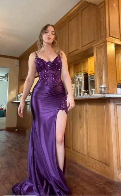 Purple V-Neck Appliques Lace Party Dress With Side Slit  P975
