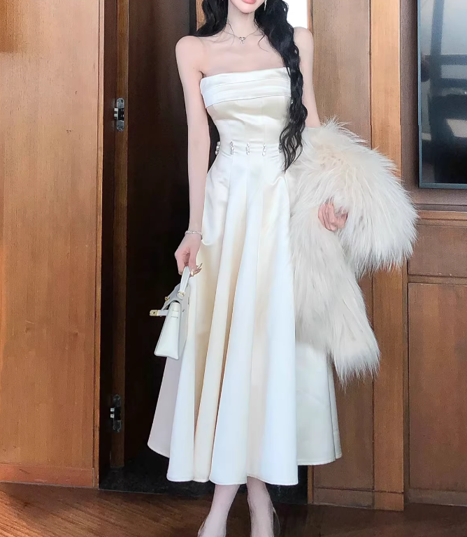 Strapless A Line Satin Prom Dress Elegant Birthday Dress  P706