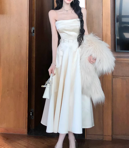 Strapless A Line Satin Prom Dress Elegant Birthday Dress  P706