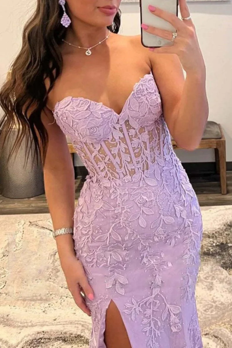 Mermaid Strapless Corset Lace Prom Dress with Slit P5