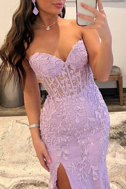 Mermaid Strapless Corset Lace Prom Dress with Slit P5