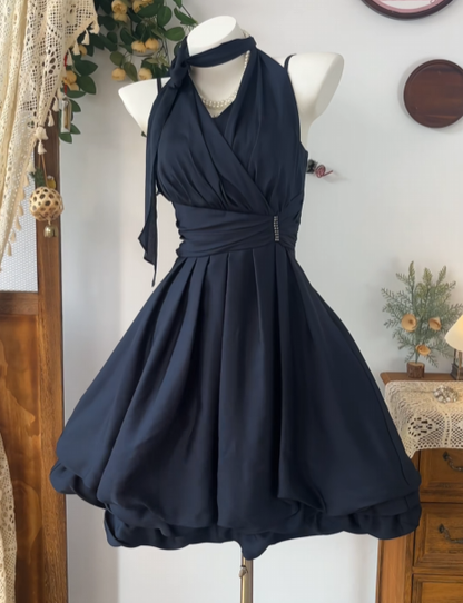 Halter A Line Navy Blue Chiffon Short Homecoming Dress  P1483