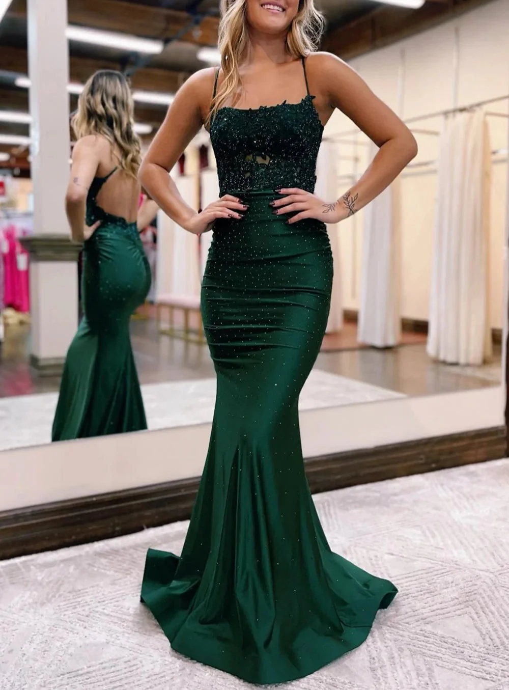 Mermaid Spaghetti Straps Dark Green Long Prom Dress with Appliques P6