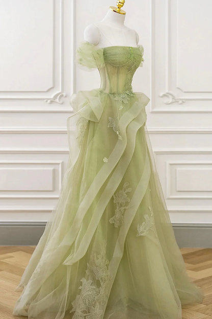 Green Tulle Lace Long Prom Dress Green Formal Party Dress P8