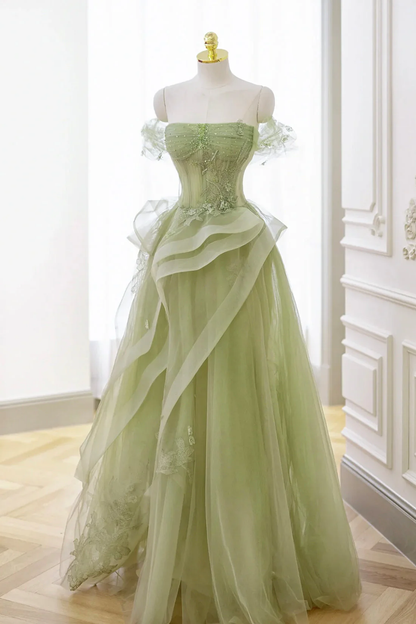 Green Tulle Lace Long Prom Dress Green Formal Party Dress P8
