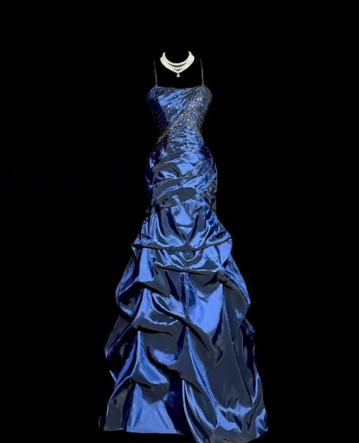 Spaghetti Strap Royal Blue Taffeta Vintage Prom Dress  P1097