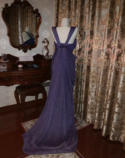 A-Line Glittered Purple Tulle Long Prom Dress Shiny Evening Dress  P736