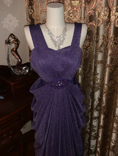 A-Line Glittered Purple Tulle Long Prom Dress Shiny Evening Dress  P736