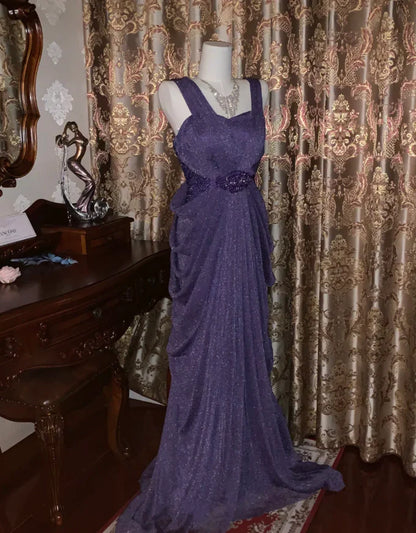 A-Line Glittered Purple Tulle Long Prom Dress Shiny Evening Dress  P736