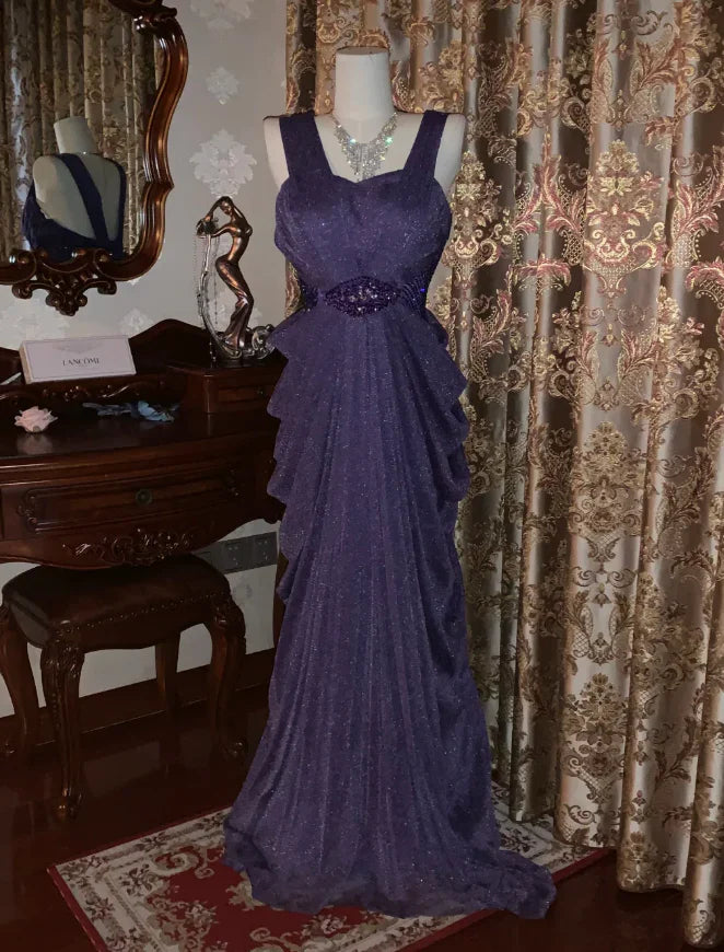 A-Line Glittered Purple Tulle Long Prom Dress Shiny Evening Dress  P736