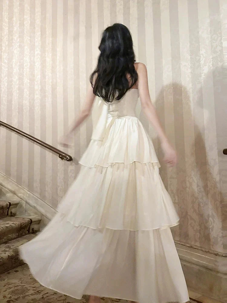 A-Line Halter Neck Ruffles Tiered Ivory Prom Dresses  P728