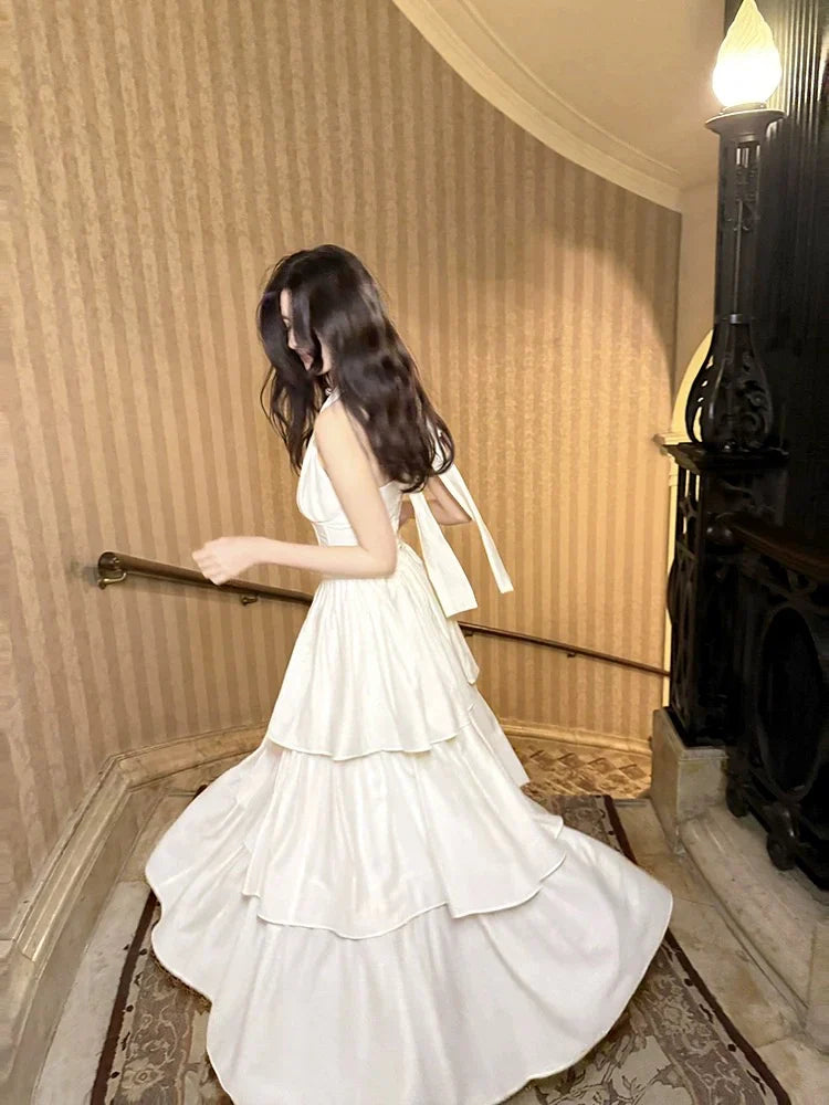 A-Line Halter Neck Ruffles Tiered Ivory Prom Dresses  P728