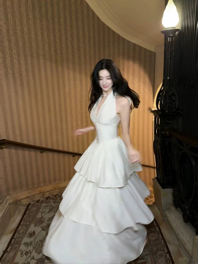 A-Line Halter Neck Ruffles Tiered Ivory Prom Dresses  P728