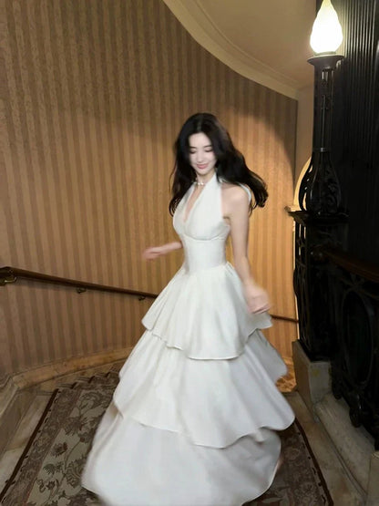A-Line Halter Neck Ruffles Tiered Ivory Prom Dresses  P728