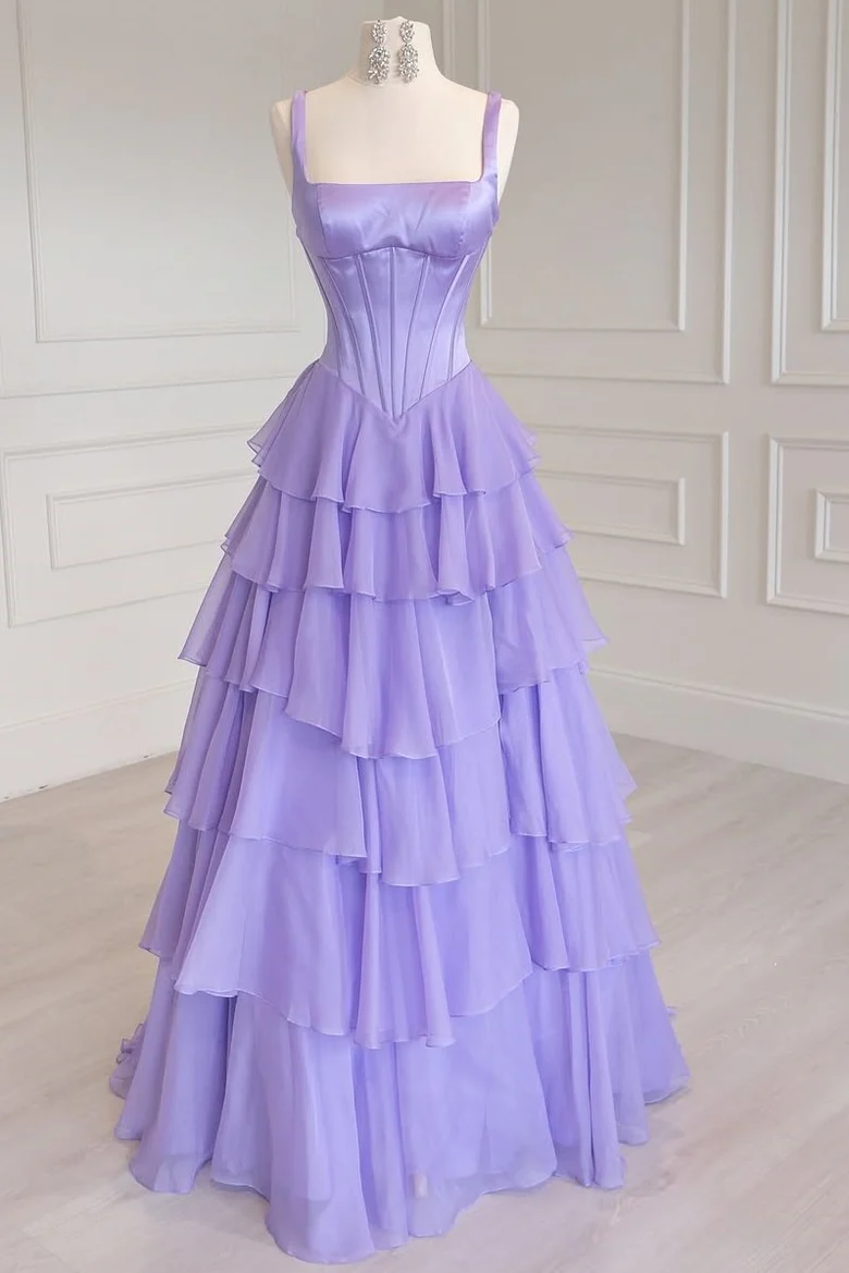 A-Line Layered Chiffon Yellow Long Prom Dress With Slit  P865