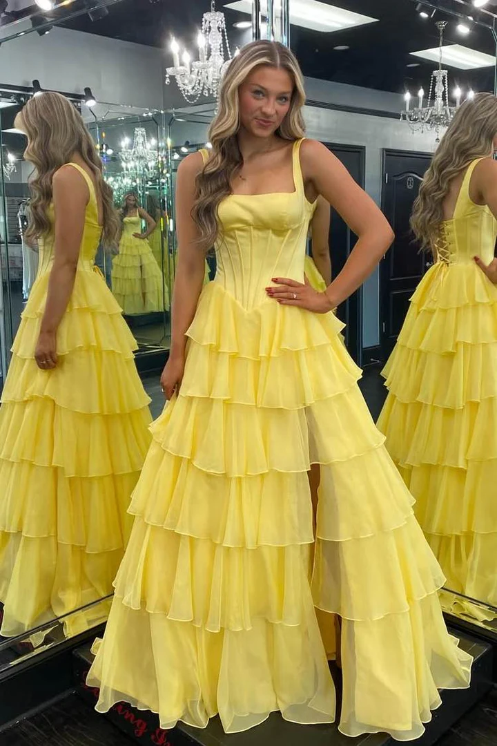 A-Line Layered Chiffon Yellow Long Prom Dress With Slit  P865