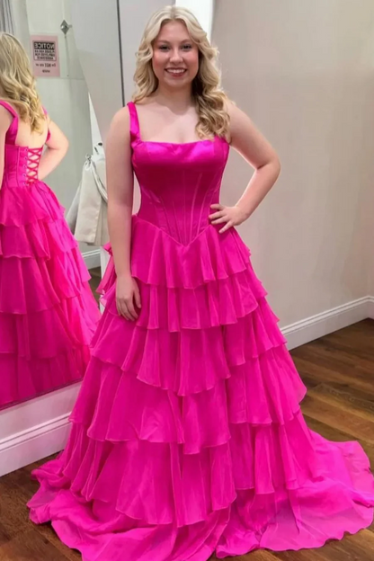 A-Line Layered Chiffon Yellow Long Prom Dress With Slit  P865