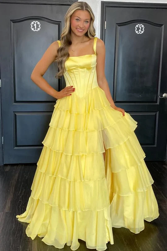 A-Line Layered Chiffon Yellow Long Prom Dress With Slit  P865