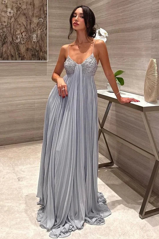 A-Line Pleated Formal Prom Dress With Beaded Top  P1030
