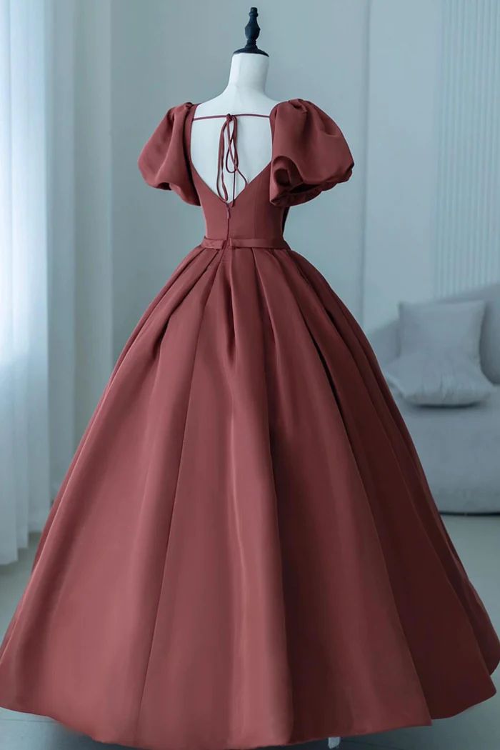 A-Line Satin Long Prom Dress Elegant Short Sleeve Evening Party Dress  P661