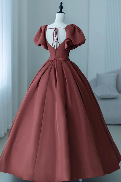 A-Line Satin Long Prom Dress Elegant Short Sleeve Evening Party Dress  P661