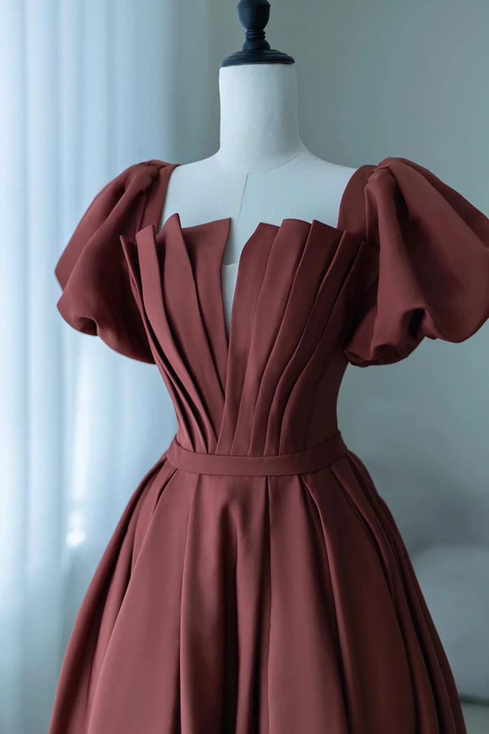 A-Line Satin Long Prom Dress Elegant Short Sleeve Evening Party Dress  P661