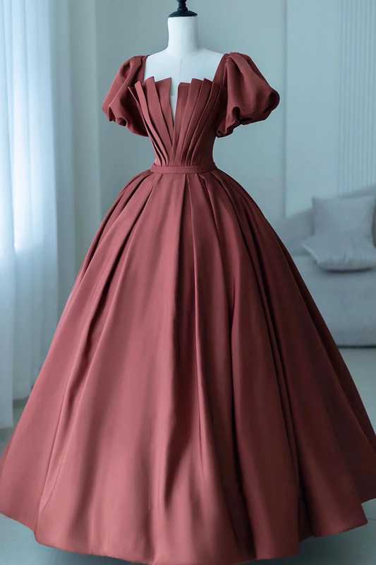 A-Line Satin Long Prom Dress Elegant Short Sleeve Evening Party Dress  P661