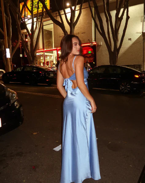 A-Line Sky Blue Satin Long Prom Dress Wedding Guest Dress   P740