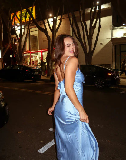 A-Line Sky Blue Satin Long Prom Dress Wedding Guest Dress   P740