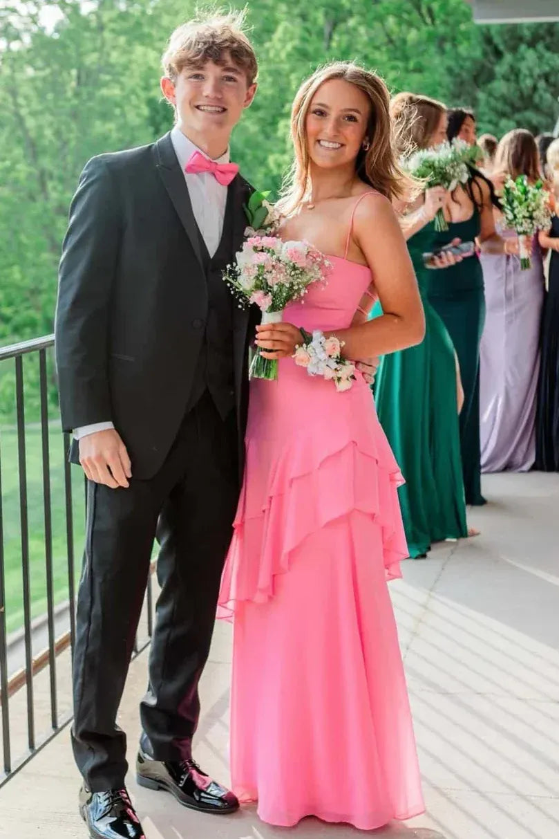 A-Line Spaghetti Straps Chiffon Ruffles Floor-Length Prom Dress  P722