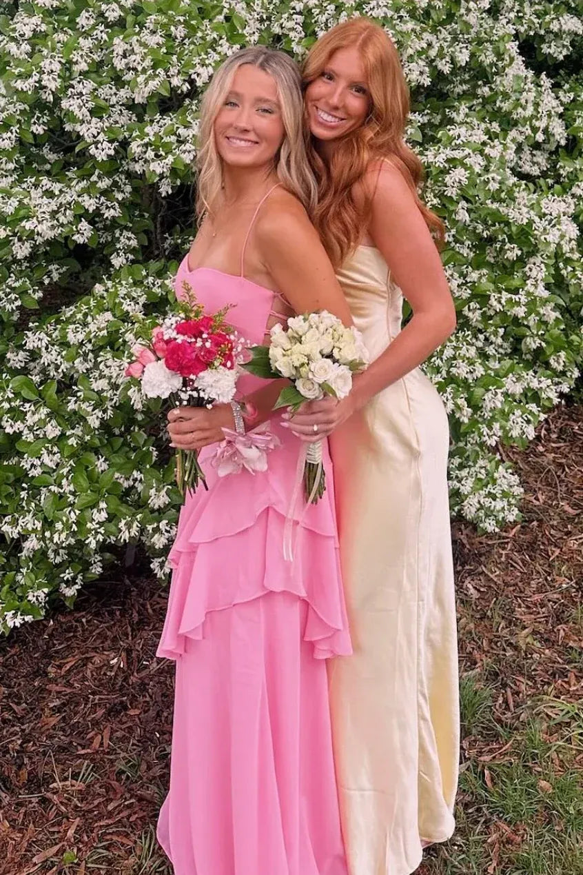 A-Line Spaghetti Straps Chiffon Ruffles Floor-Length Prom Dress  P722