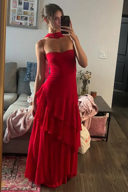 A-Line Spaghetti Straps Chiffon Ruffles Floor-Length Prom Dress  P722