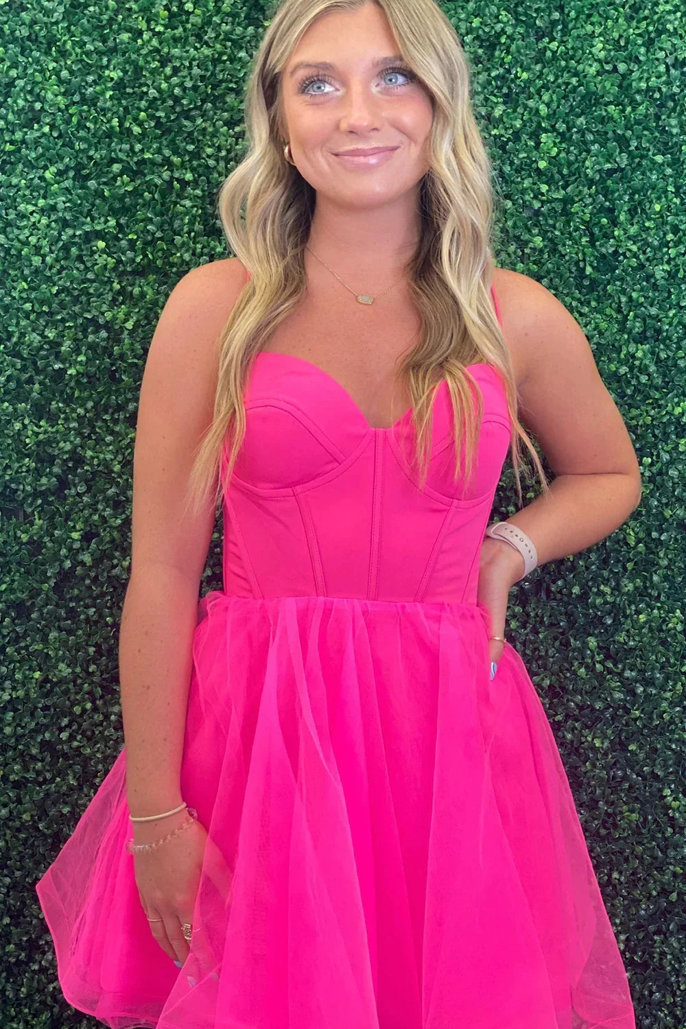A-Line Spaghetti Straps Hot Pink Tulle Homecoming Dress   P2383