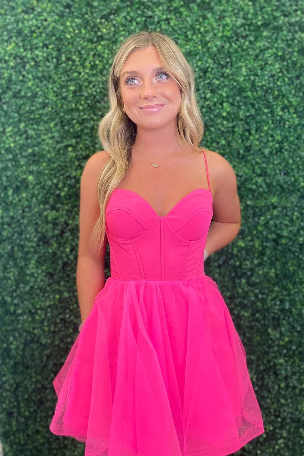 A-Line Spaghetti Straps Hot Pink Tulle Homecoming Dress   P2383