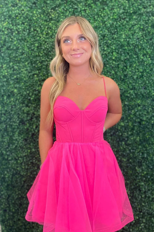 A-Line Spaghetti Straps Hot Pink Tulle Homecoming Dress   P2383