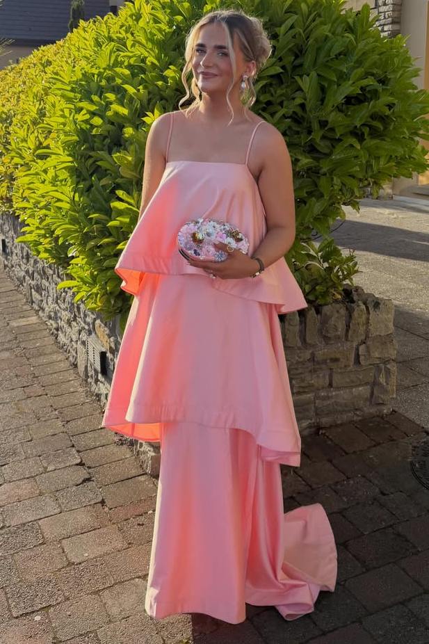 A-Line Spaghetti Straps Layered Satin Formal Wedding Guest Dress  P2457