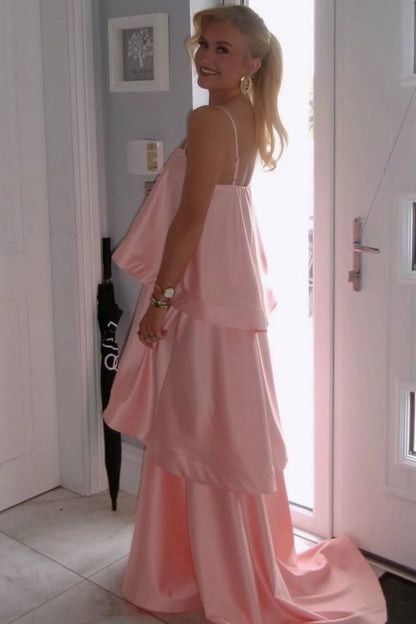 A-Line Spaghetti Straps Layered Satin Formal Wedding Guest Dress  P2457