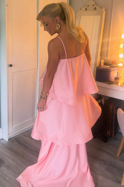 A-Line Spaghetti Straps Layered Satin Formal Wedding Guest Dress  P2457