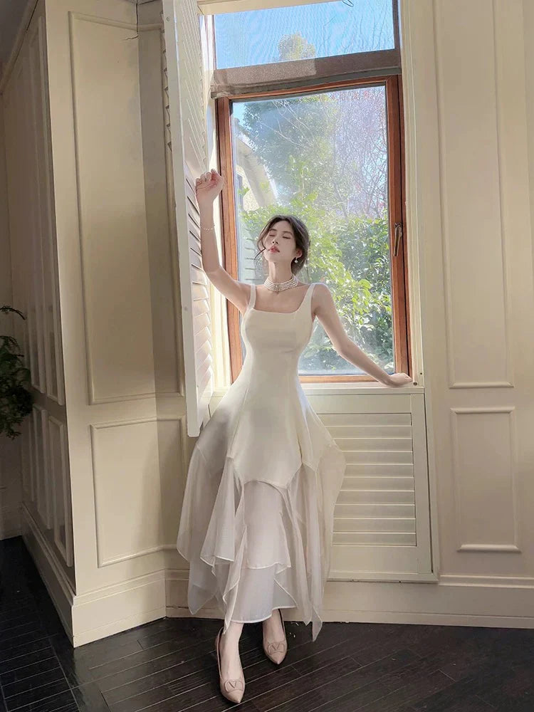 A-Line Square-Neck Layered Ivory Chiffon Prom Dress  P731