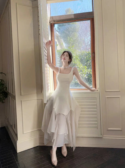 A-Line Square-Neck Layered Ivory Chiffon Prom Dress  P731