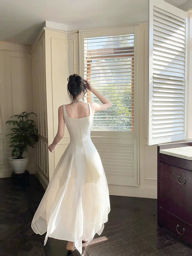 A-Line Square-Neck Layered Ivory Chiffon Prom Dress  P731
