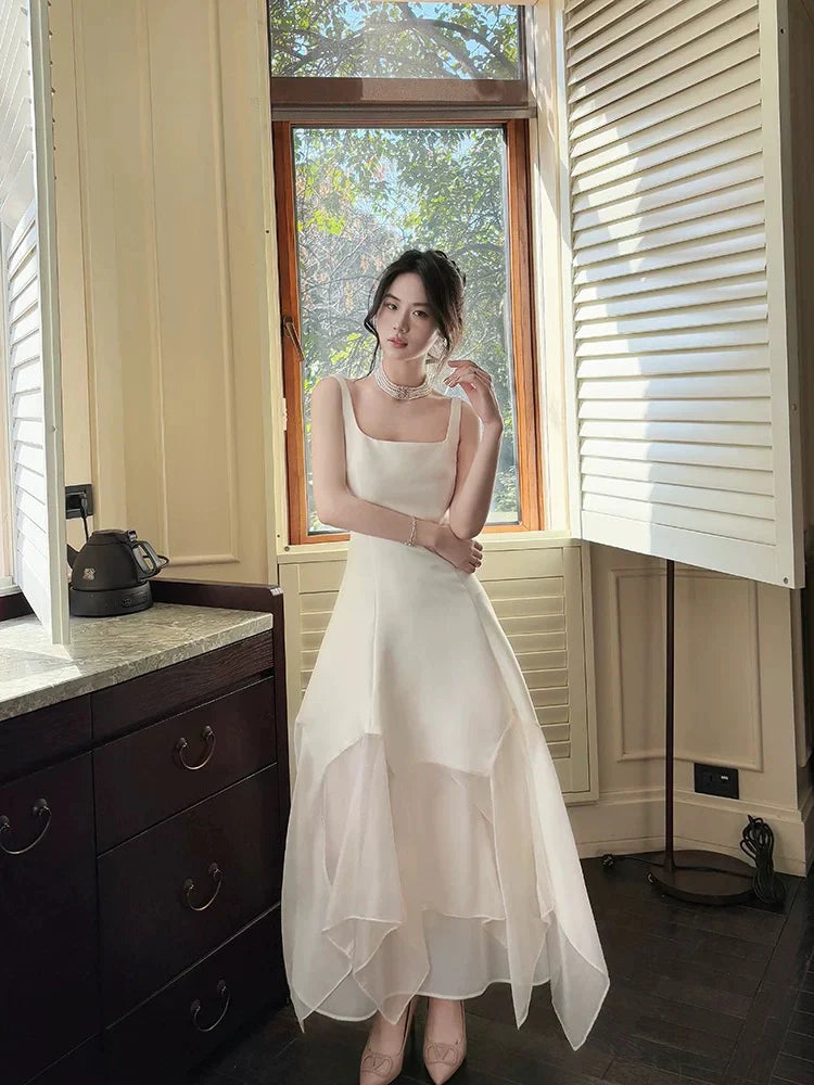 A-Line Square-Neck Layered Ivory Chiffon Prom Dress  P731