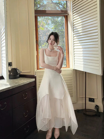 A-Line Square-Neck Layered Ivory Chiffon Prom Dress  P731
