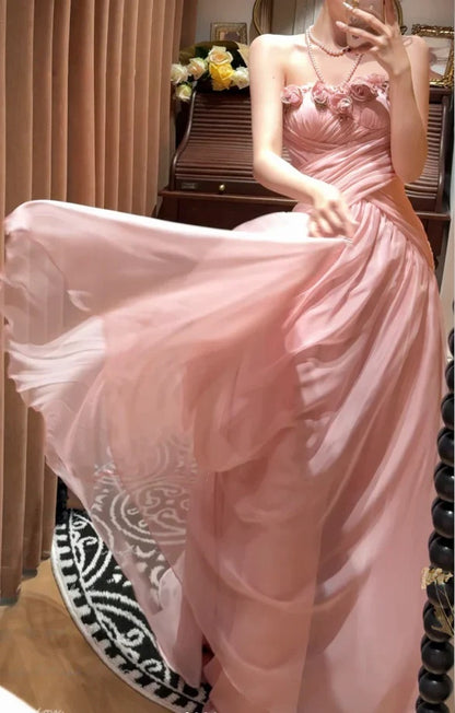 A-Line Strapless Blush Pink Long Prom Dresses   P742