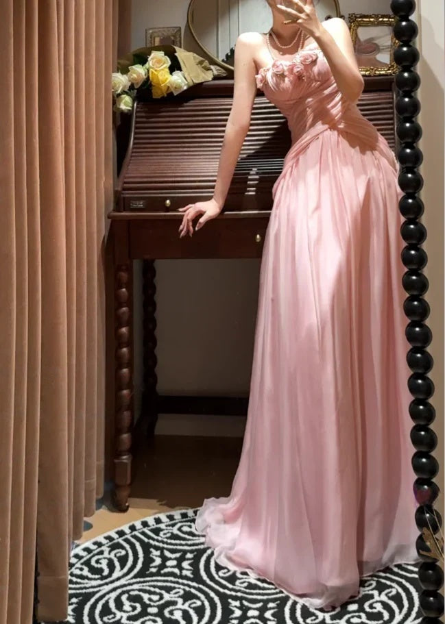 A-Line Strapless Blush Pink Long Prom Dresses   P742