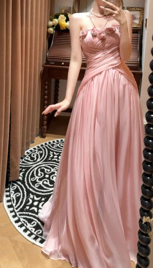 A-Line Strapless Blush Pink Long Prom Dresses   P742
