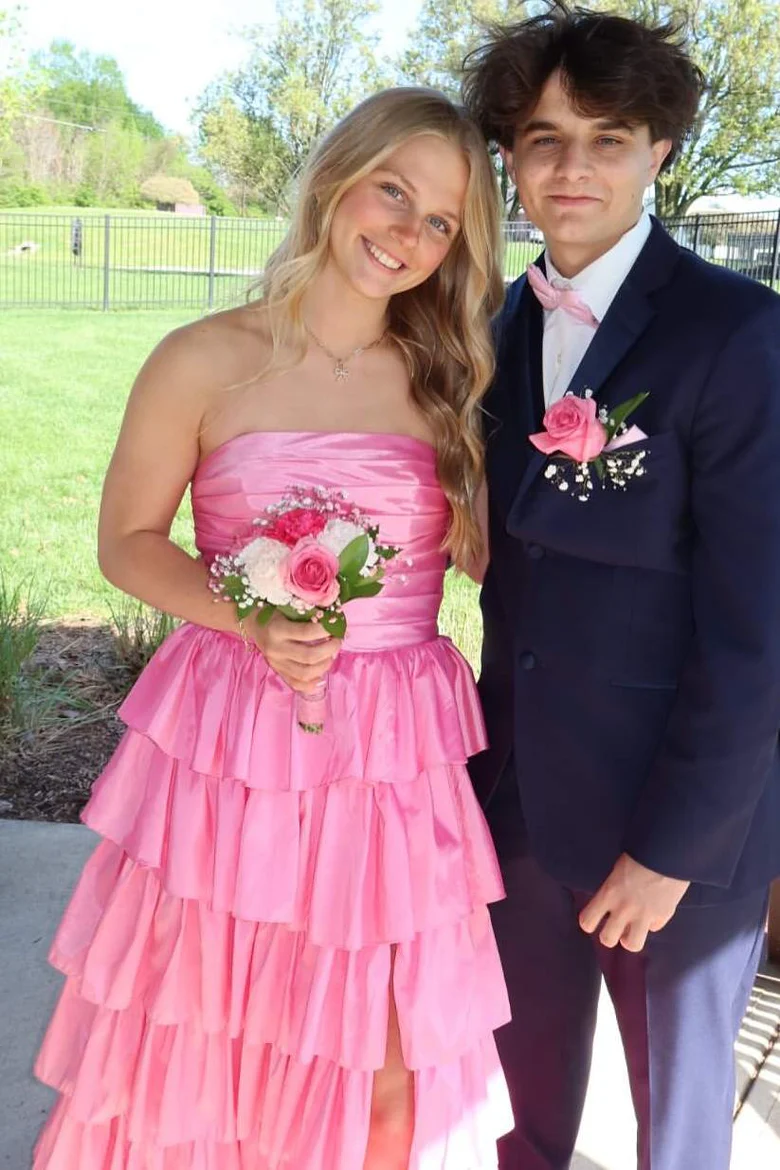 A-Line Strapless Layered Satin Pink Long Prom Dress With Slit  P851