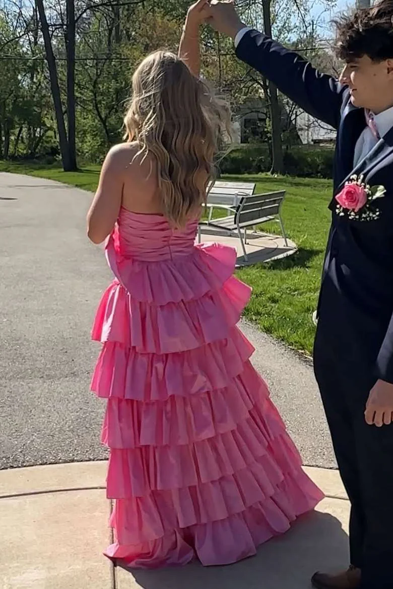 A-Line Strapless Layered Satin Pink Long Prom Dress With Slit  P851