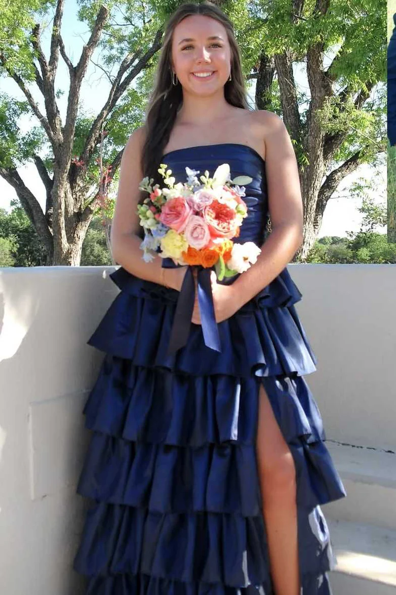A-Line Strapless Layered Satin Pink Long Prom Dress With Slit  P851