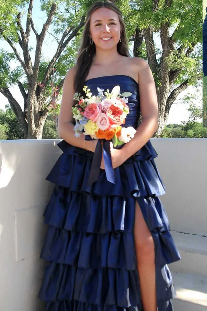 A-Line Strapless Layered Satin Pink Long Prom Dress With Slit  P851